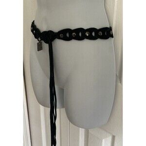 Y2K MUDD Suede Leather Fringe Boho Belt OS Black Links Snap LogoFestival Hippie